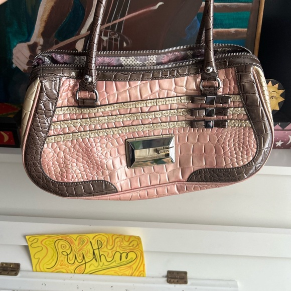 GUESS Metallic Pink and Brown Croc Shoulder Bag - Picture 5 of 14
